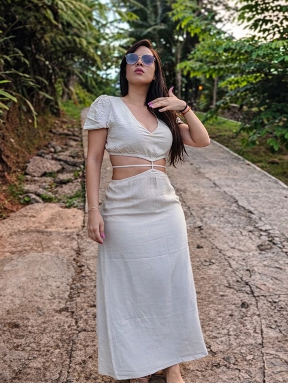 Elegant Tan Maxi Dress with Cut-Out Details